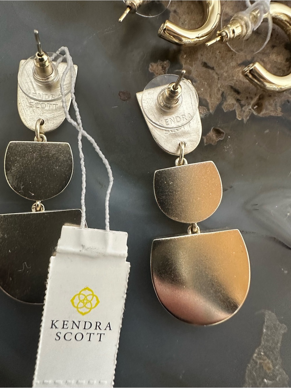 Kendra Scott Gold and Pink Drop Statement Earrings and gold hoops - Picture 4 of 6